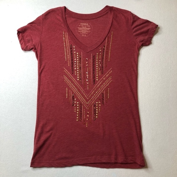 Fossil Vintage Embellished‎ Detailed V Neck T Shirt Women's Size Small - Picture 3 of 8